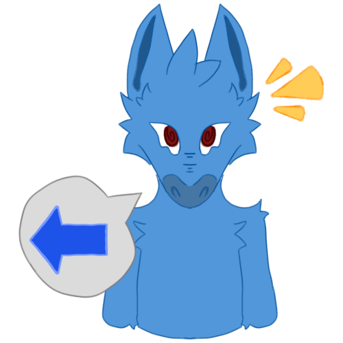  A blue cartoon donkey with red eyes, they have a light grey speech bubble with a blue arrow pointing left.